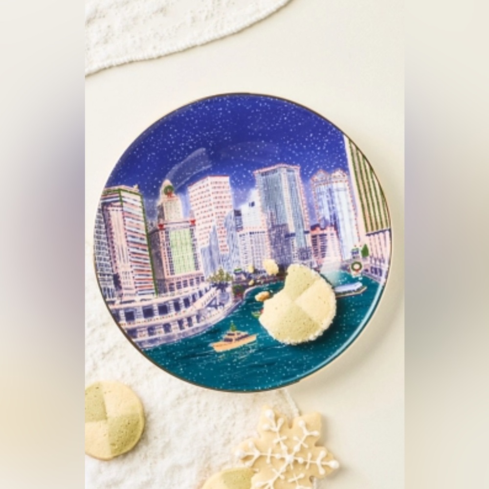 Anthropologie Holiday in the City Stoneware Dessert Plate | Chicago | NIB